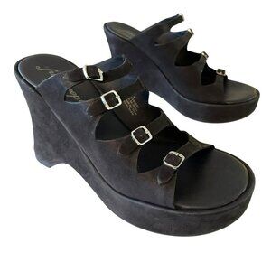 Free People Black Leather Huffman Buckle Wedge Shoe Heels Size 38 US 7.5
